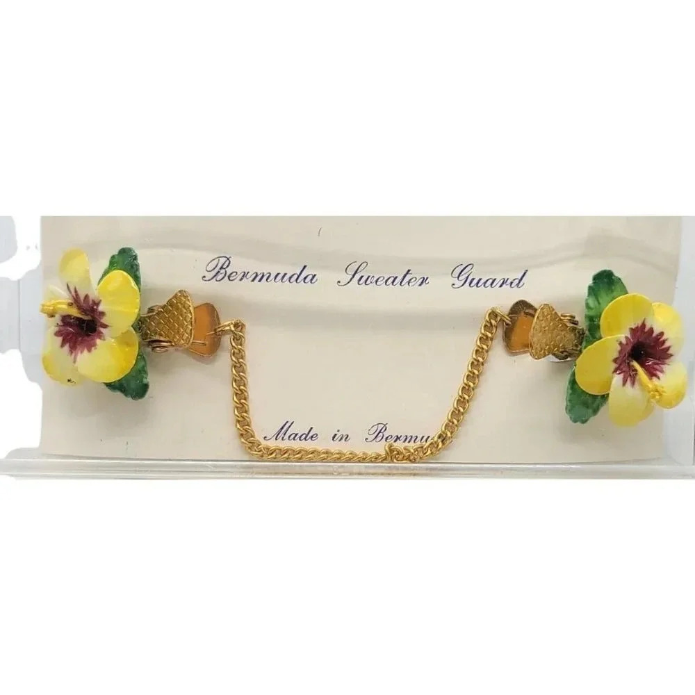 Bermuda Sweater Guard Clips Yellow Purple Hibiscus Flower Enamel Gold Tone